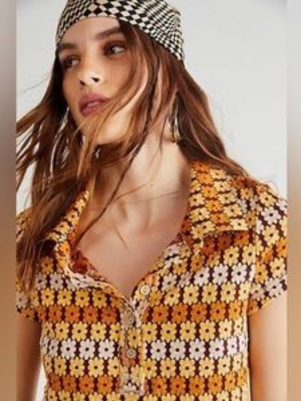 Free People Cropped Floral Daisy Knit Polo Top in Yellow, Brown & White